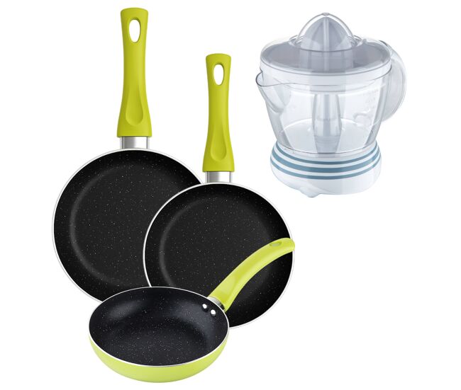 Set 3 sartenes san ignacio (20+24+28cm) aluminio prensado verde+exprimidor de 40w de potencia - capacidad de 1.2 litros