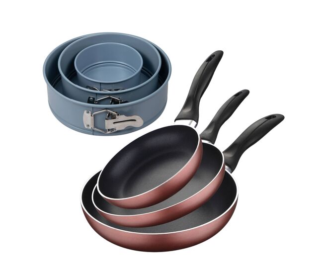 Set 3 sartenes san ignacio ø16/20/24 cm, aluminio prensado, aptas para inducción+juego de 3 moldes de horno redondos ø12ø18ø22cm