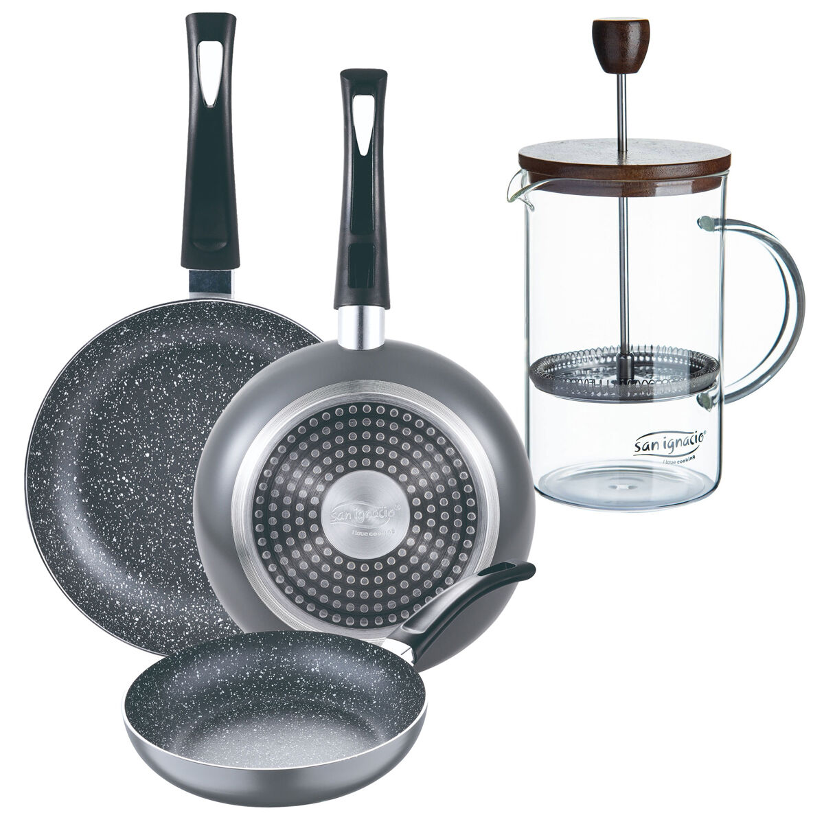 Set 3 sartenes san ignacio (16+20+24cm) aluminio prensado ind negra+cafetera de émbolo de vidrio borosilicato 15,8x10x18,8cm
