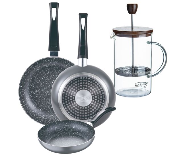 Set 3 sartenes san ignacio (16+20+24cm) aluminio prensado ind negra+cafetera de émbolo de vidrio borosilicato 15,8x10x18,8cm