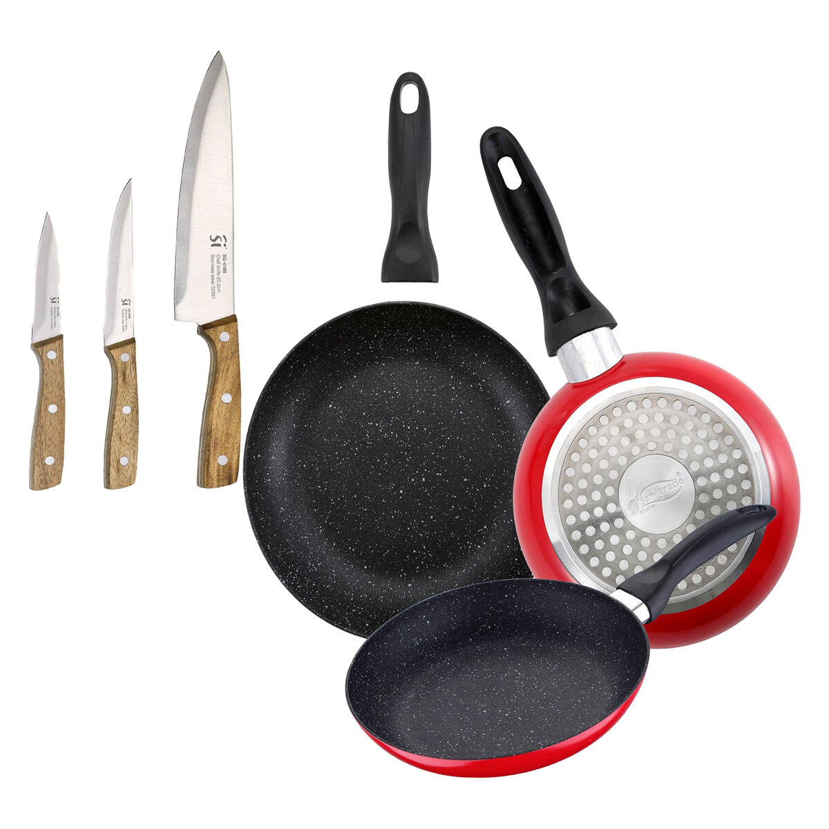 Set de 3 sartenes san ignacio con revestimiento en mármol ø16 cm ø20 cm ø24 cm+set de 3 cuchillos de acero inoxidable para cocina