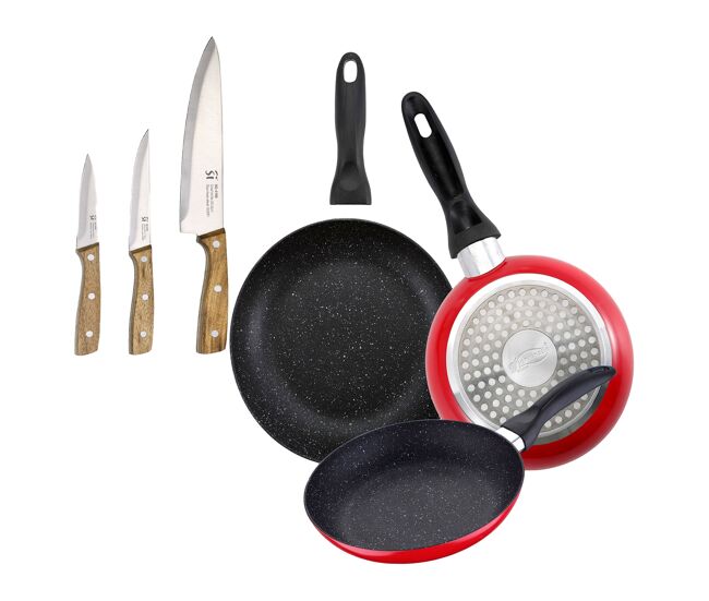Set de 3 sartenes san ignacio con revestimiento en mármol ø16 cm ø20 cm ø24 cm+set de 3 cuchillos de acero inoxidable para cocina