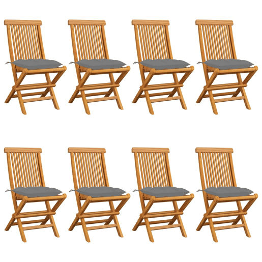 Cadeiras de jardim - Cadeiras de exterior c almofadões cinzentos 8 pcs teca maciça