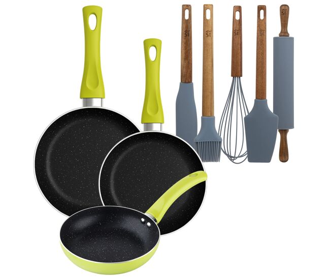 Set 3 sartenes san ignacio (20+24+28cm) aluminio prensado verde+set de 5 utensilios de cocina de silicona y madera de acacia