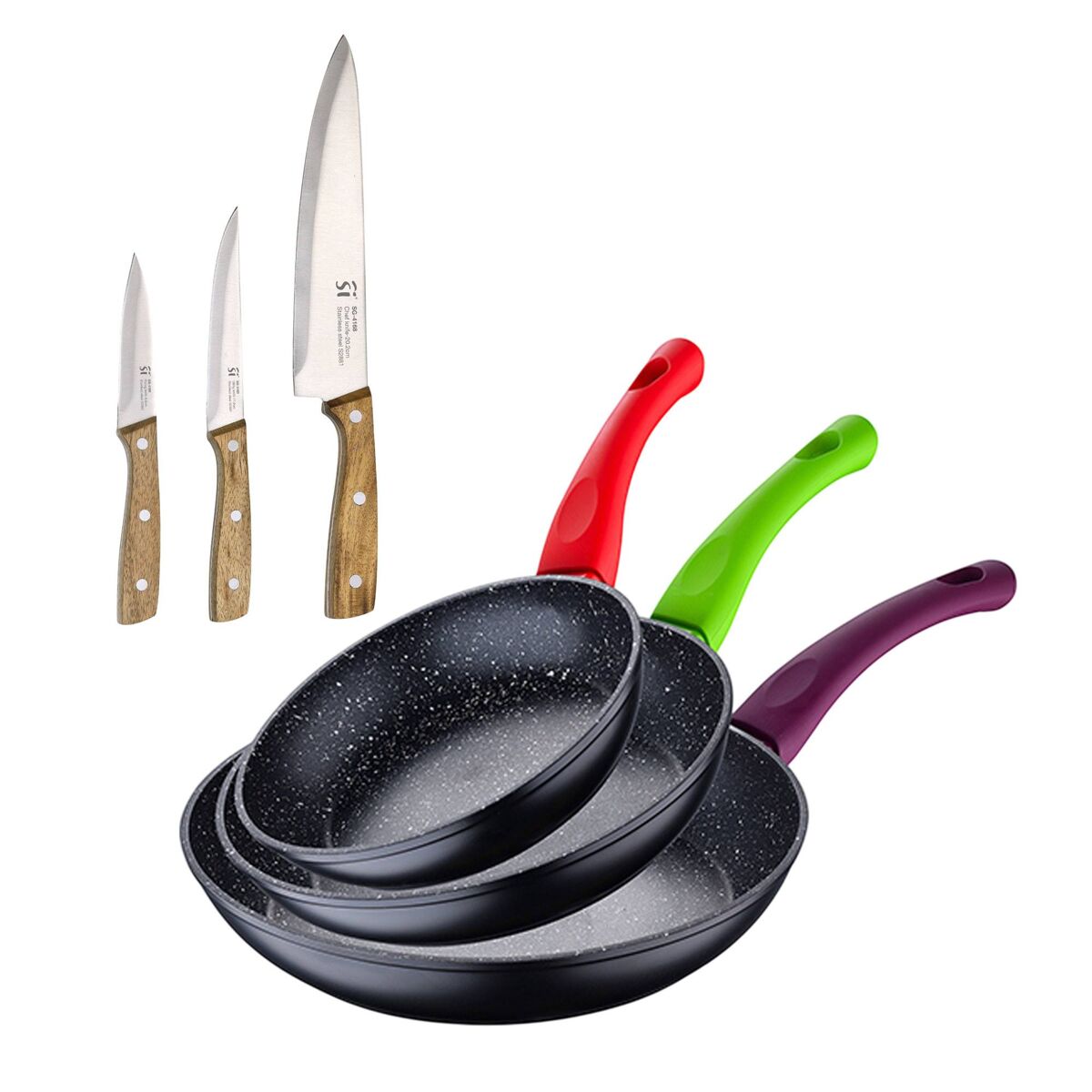 Juego de 3 sartenes San Ignacio+Set de 3 cuchillos