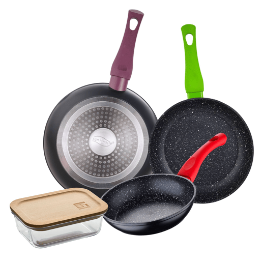 Set de frigideiras San Ignacio de 3 peças + recipiente hermético