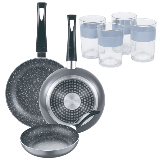 Set de frigideiras San Ignacio de 3 peças + 4 copos de 0,5L Set de frigideiras San Ignacio de 3 peças + 4 copos de 0,5L