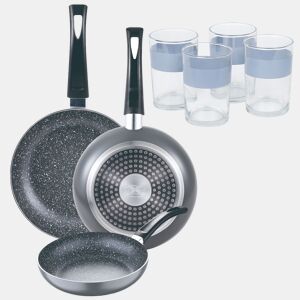 Set de frigideiras San Ignacio de 3 peças + 4 copos de 0,5L