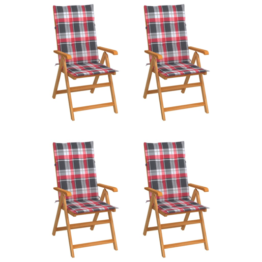 Cadeiras jardim - Cadeiras exterior c almofadões xadrez vermelho 4 pcs teca maciça
