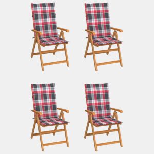 Cadeiras jardim - Cadeiras exterior c almofadões xadrez vermelho 4 pcs teca maciça