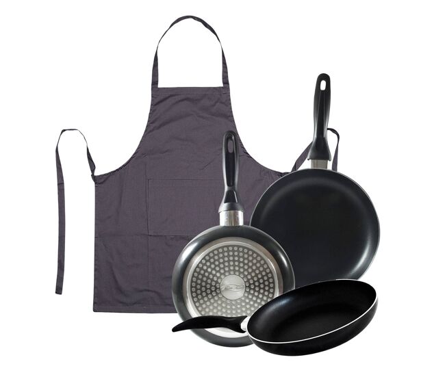 Set 3 sartenes san ignacio(16,20,24cm) aluminio prensado, apto para inducción+delantal de cocina gris oscuro 100% algodón 75x80cm