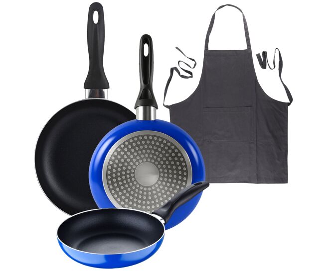 Set 3 sartenes san ignacio (16+20+24cm) aluminio prensado ind azul+delantal de cocina gris oscuro 100% algodón 75x80cm