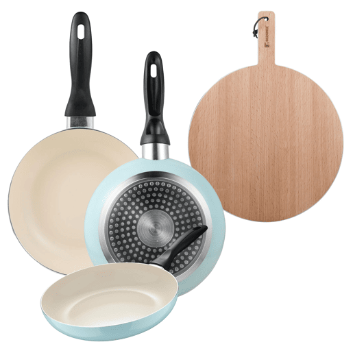 Set de frigideiras San Ignacio de 3 peças + tábua de corte