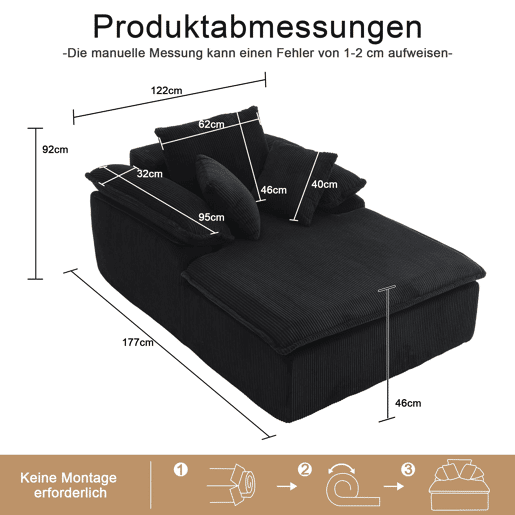 Sofá reclinável 46 cm - design interior, sem estrutura, confortável para leitura, braços largos - Preto