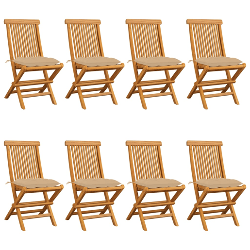 Cadeiras de jardim - Cadeiras de exterior c almofadões bege 8 pcs teca maciça