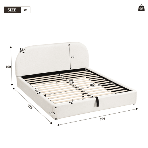 Cama de casal estofada 180x200 - cama funcional com baú e cabeceira acolchoada - bege bouclé