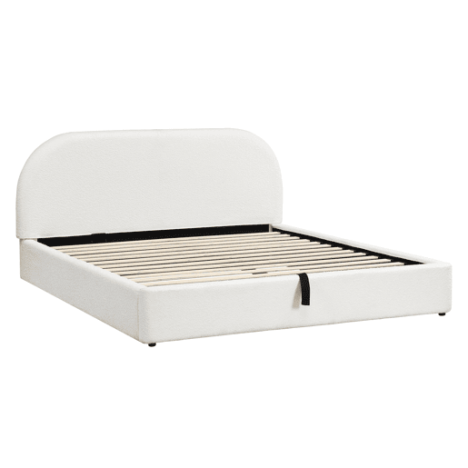 Cama de casal estofada 180x200 - cama funcional com baú e cabeceira acolchoada - bege bouclé