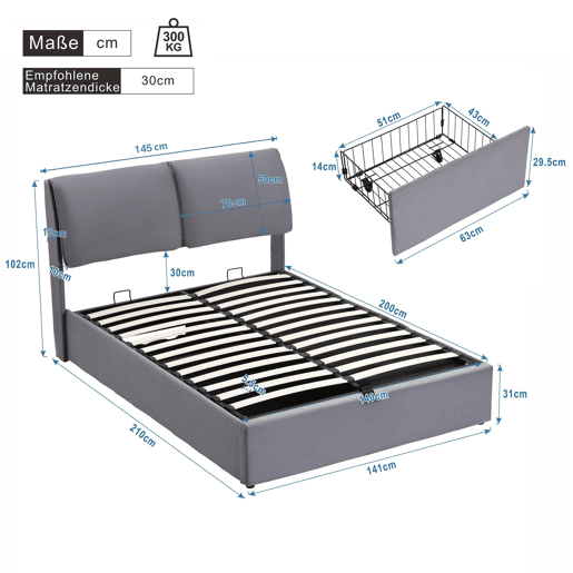 Cama estofada hidráulica 140x200 - com gavetas e canapé, cabeceira - cinza