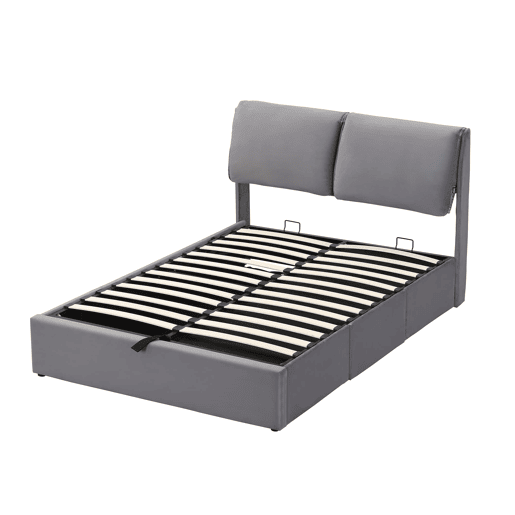 Cama estofada hidráulica 140x200 - com gavetas e canapé, cabeceira - cinza