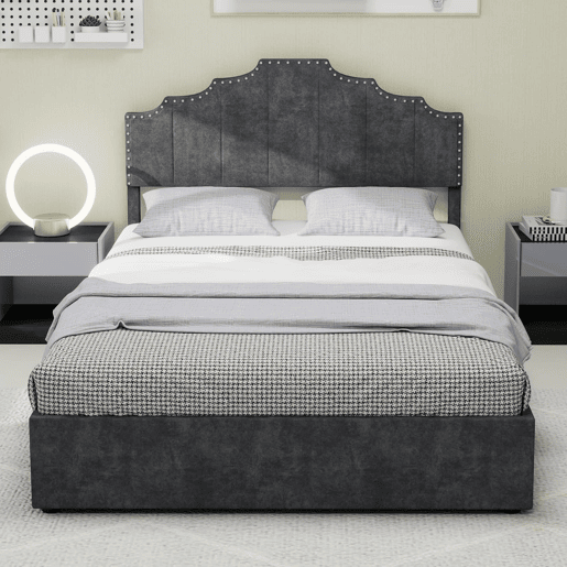 Cama estofada 160x200 - cabeceira macia e canapé rebatível com pistão - cinzento