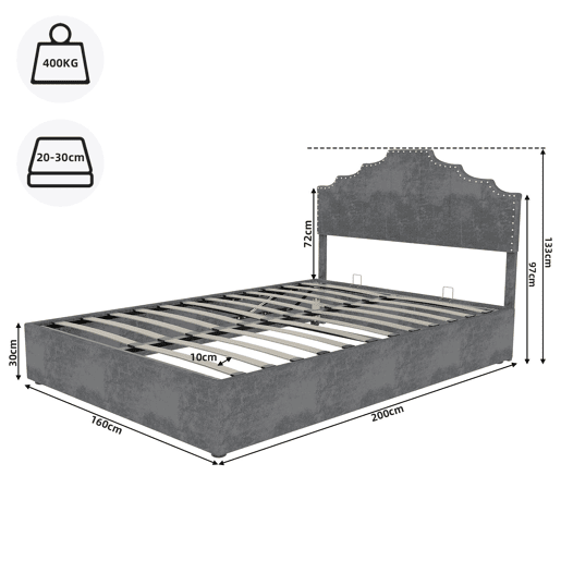 Cama estofada 160x200 - cabeceira macia e canapé rebatível com pistão - cinzento
