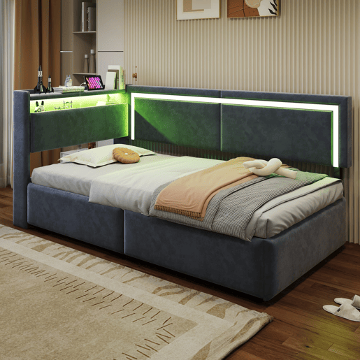 Sofá-cama 90x200 cm - Com LED e portas USB, cabeceira rebatível, sistema de armazenamento hidráulico - Cinza escuro
