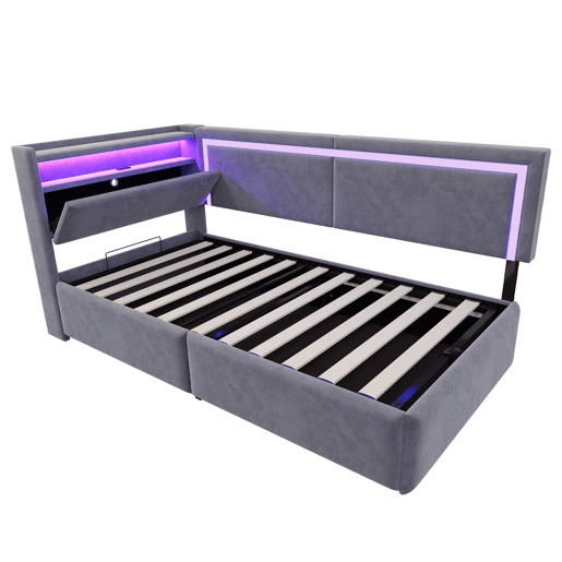 Sofá-cama 90x200 cm - Com LED e portas USB, cabeceira rebatível, sistema de armazenamento hidráulico - Cinza escuro