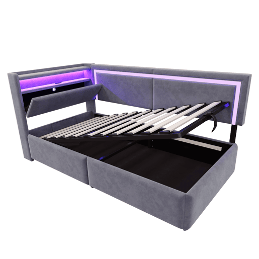 Sofá-cama 90x200 cm - Com LED e portas USB, cabeceira rebatível, sistema de armazenamento hidráulico - Cinza escuro