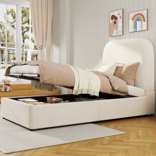 Cama individual estofada 90x200 - cama funcional hidráulica com arrumação e cabeceira - bege Cama individual estofada 90x200 - cama funcional hidráulica com arrumação e cabeceira - bege