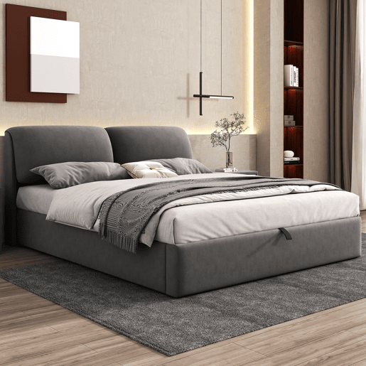 Cama estofada 160x200 - hidráulica com 3 gavetas e arrumação - cinzenta