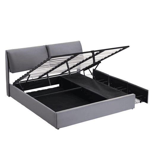 Cama estofada 160x200 - hidráulica com 3 gavetas e arrumação - cinzenta