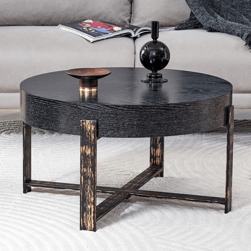 Mesa auxiliar redonda Ø68 cm - design moderno com base metálica cruzada - preta