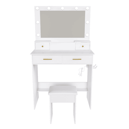 Penteadeira 80x137x40 cm - LED 3 níveis, tomada, suporte para secador, 4 gavetas, banco acolchoado - Branco