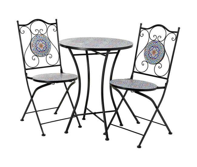 Conjunto mesa y 2 sillas de mosaico y forja naranja, mesa:d60x75h-sill