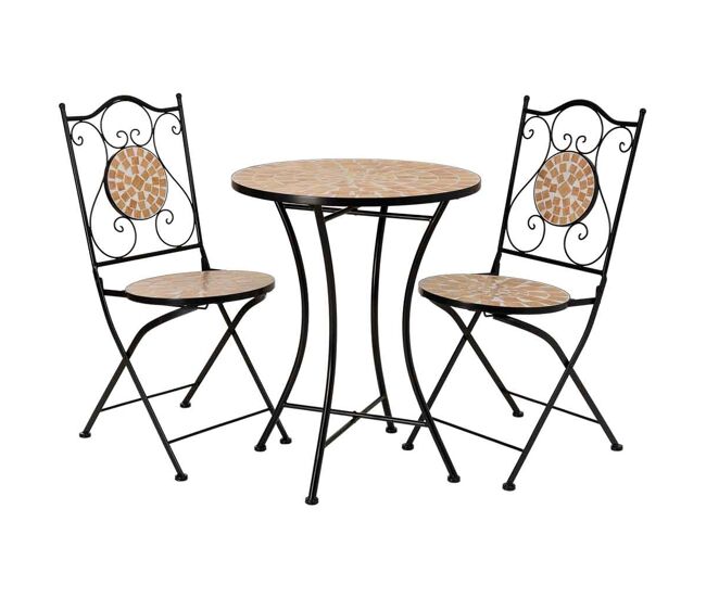 Conjunto mesa y 2 sillas de mosaico y forja negro, mesa:d60x75h-silla(2):d38x46-90h