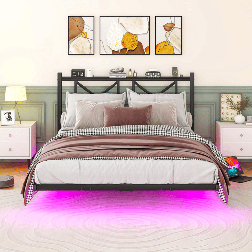 Cama de casal 140x200 cm - Estrutura metálica LED com cabeceira e estação de carregamento - Preto