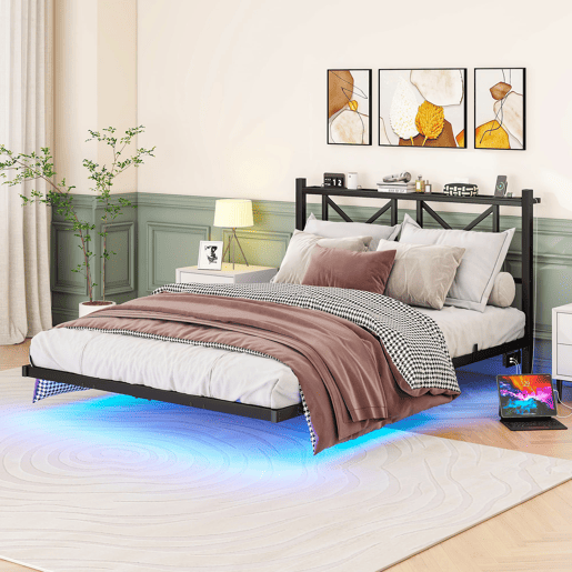 Cama de casal 140x200 cm - Estrutura metálica LED com cabeceira e estação de carregamento - Preto