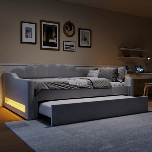 Cama individual 140x200 - estofada com LED e cama extraível - Cinza Cama individual 140x200 - estofada com LED e cama extraível - Cinza