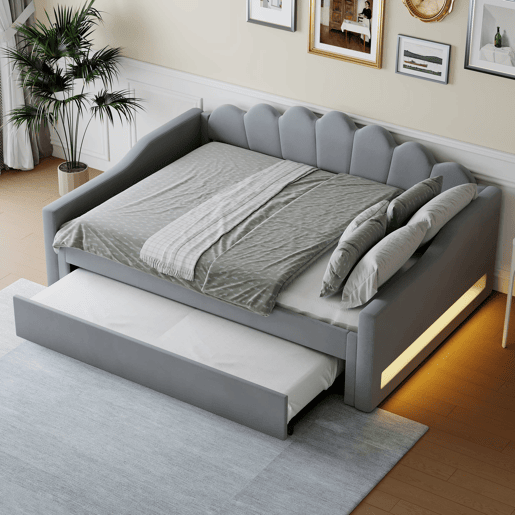 Cama individual 140x200 - estofada com LED e cama extraível - Cinza Cama individual 140x200 - estofada com LED e cama extraível - Cinza