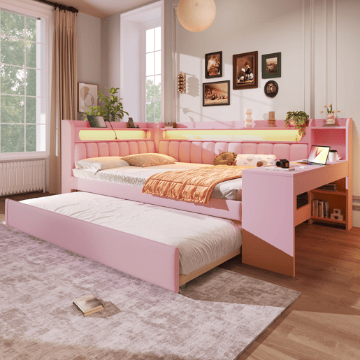 Cama nido estofada 140x200 - USB LED com secretária - Rosa