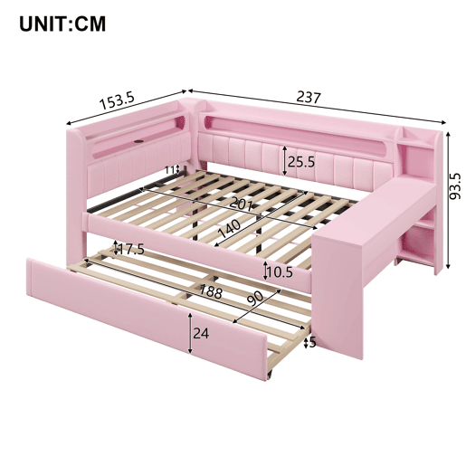 Cama nido estofada 140x200 - USB LED com secretária - Rosa