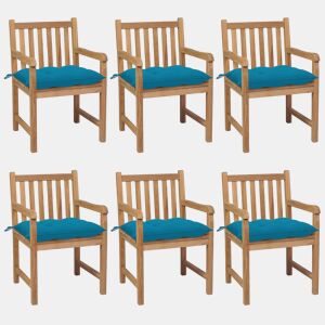 Cadeiras de jardim - Cadeiras de exterior c almofadões azul-claro 6 pcs teca maciça