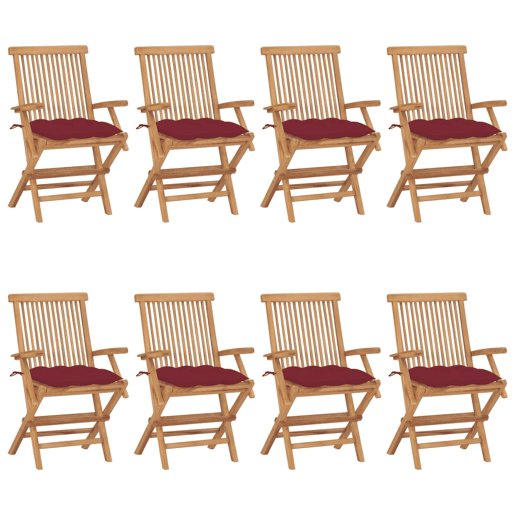 Cadeiras de jardim - Cadeiras de exterior + almofadões vermelho tinto 8pcs teca maciça Cadeiras de jardim - Cadeiras de exterior + almofadões vermelho tinto 8pcs teca maciça