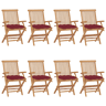 Cadeiras de jardim - Cadeiras de exterior + almofadões vermelho tinto 8pcs teca maciça