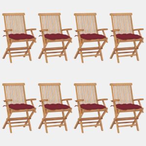 Cadeiras de jardim - Cadeiras de exterior + almofadões vermelho tinto 8pcs teca maciça