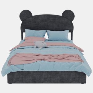 Cama infantil estofada 140x200 - Cabeceira com desenhos animados, arrumação com pistão - Cinza