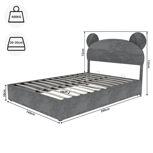 Cama infantil estofada 140x200 - Cabeceira com desenhos animados, arrumação com pistão - Cinza