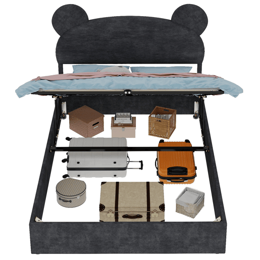 Cama infantil estofada 140x200 - Cabeceira com desenhos animados, arrumação com pistão - Cinza