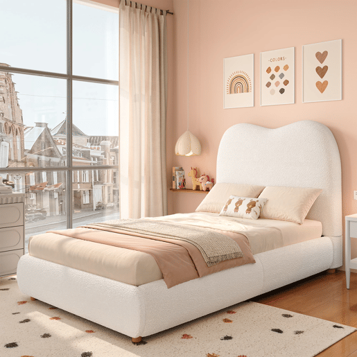 Cama individual 90x200 cm - Funcional com arrumação e cabeceira estofada - Bege