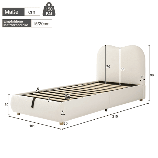Cama individual 90x200 cm - Funcional com arrumação e cabeceira estofada - Bege